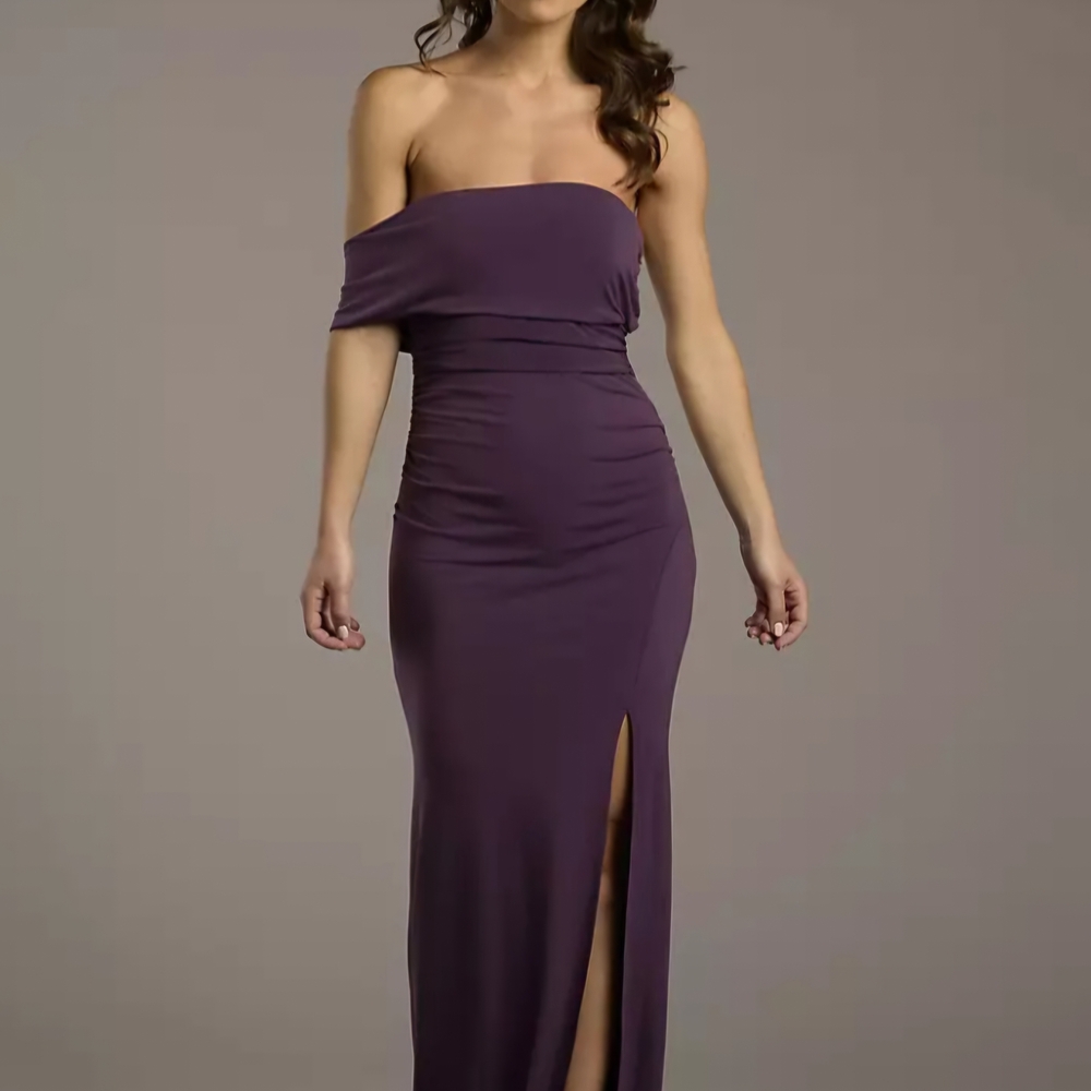 off-the-shoulder ruched sheath dress